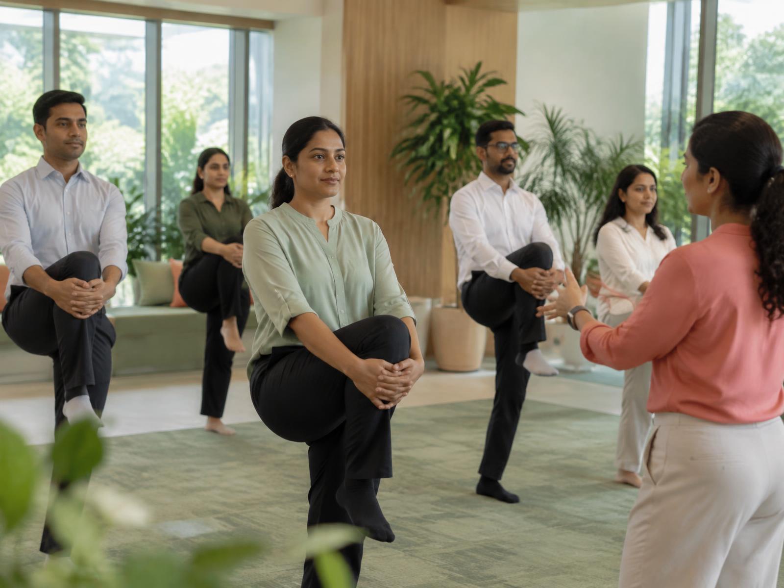 Professionals practicing guided balance and posture exercises in a workplace wellbeing session