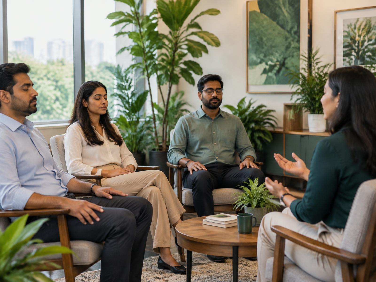 Professionals in a calm guided workplace mindfulness session